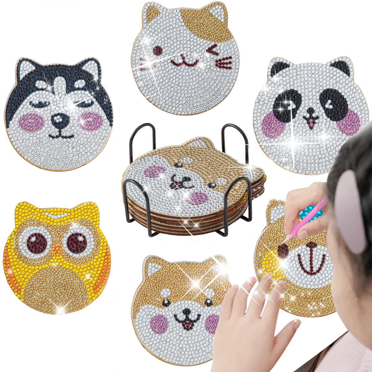 

GATYZTORY 6PCS/Set Diamond Painting Coaster Cute Animal Diamond Embroidery Craft Coasters Cross Stitch Kit Home Decoration