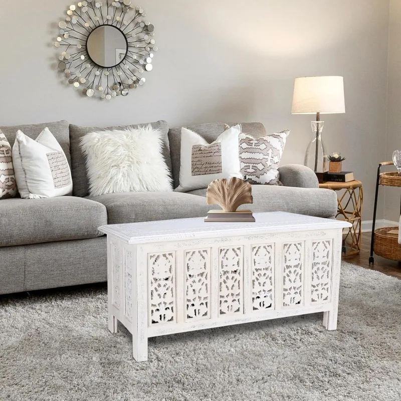 Antique White Mango Wood Coffee Table – 36"x18" Rectangular Living Room Center Table, Rustic Wood Accent Table f