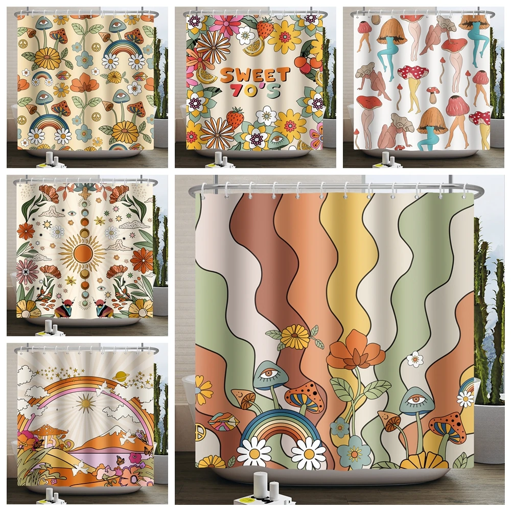 Vintage Rainbow Mushroom Shower Curtain Funny 70s 80s Retro Trippy Abstract Boho Floral Hippy Bathroom Curtain Decor