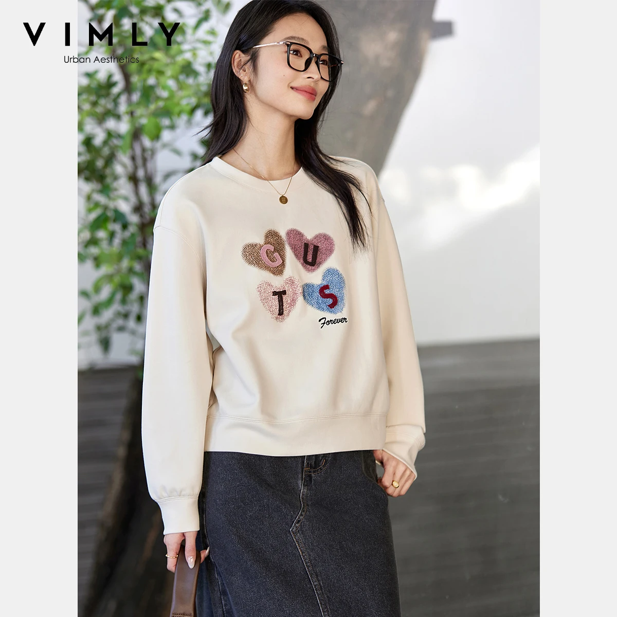 VIMLY Women's Graphic Sweatshirt 2025 Spring Autumn Letter Embroidered Loose Crew Neck Long Sleeve Top Woman Clothing A0399