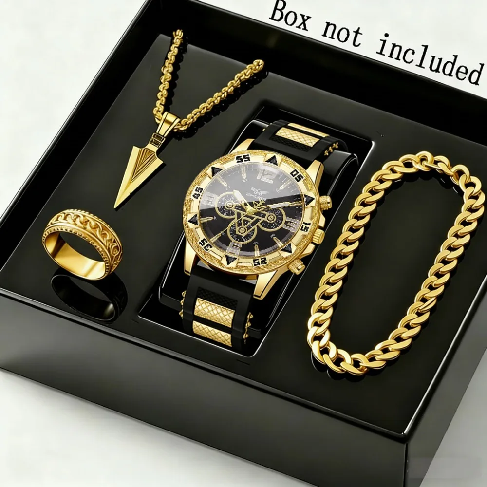 4pcs Luxury Men Watch &bracelet Set Men's Necklace Business Men Watch Silicone Strap Quartz WristWatch Male Calendar Clock