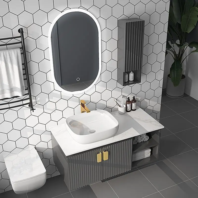 Light luxury smart bathroom wash face and hands wash table set rock slab integrated