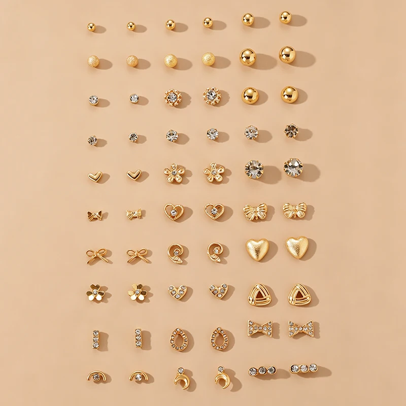 60pcs/set Sweet Mixed Stud Earring Set – Heart, Flower, Pearl & Rhinestone for Daily Wear.