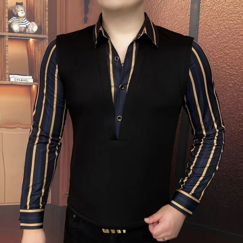 2026 Spring Striped Shirt Splicing Sweatshirt for Men Lapel Long Sleeve Casual Pullover Business Social Sweatshirts Men Clothing