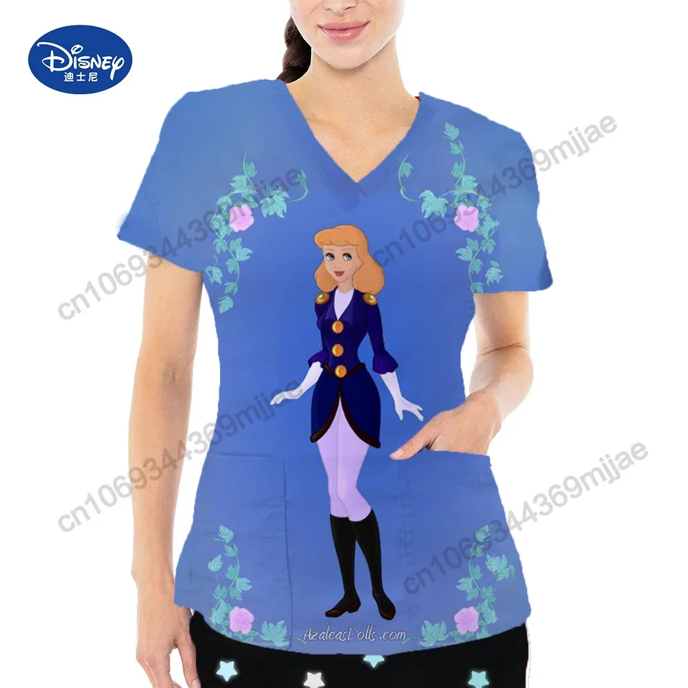 V-neck T-shirts Cartoon Pattern Clothing Pocket Women's T-shirts Summer Short Sleeves Tops