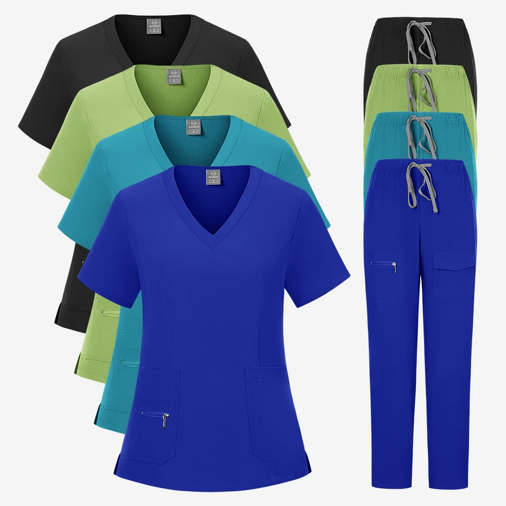 Workwear Nursing Women Scrubs Pants Elastic Wholesale Working Uniform Women Short Sleeve Neck Tops Dental Hospital Scrubs Suits