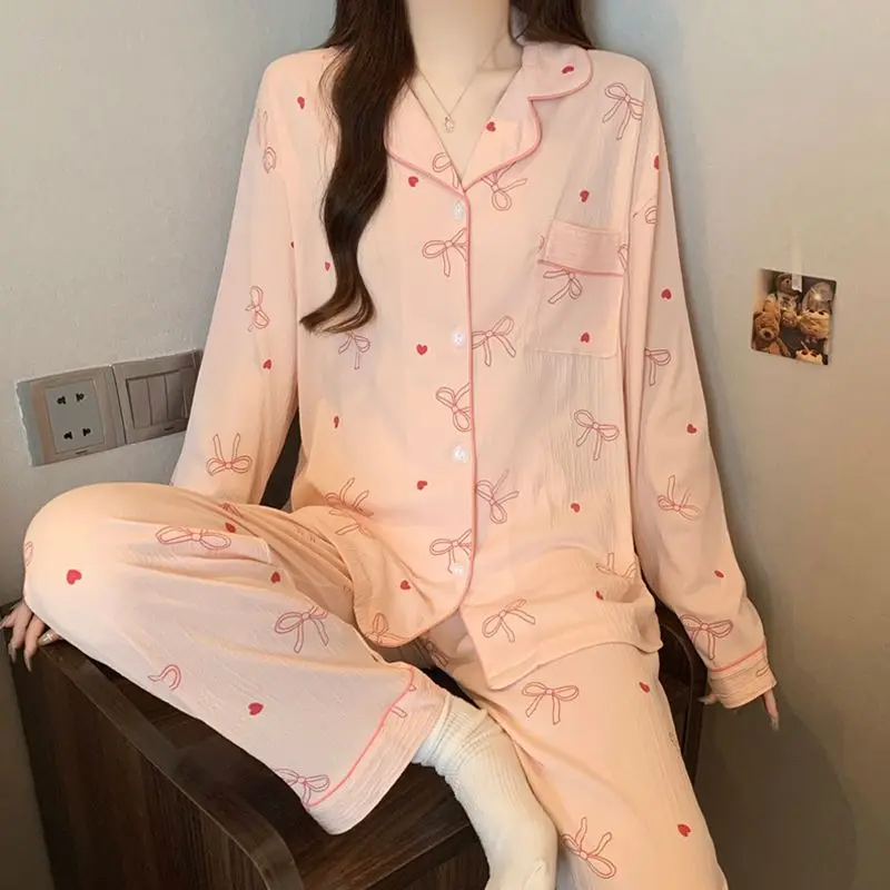 Women's Pajama Set Long Sleeve Full Length Pants Pyjamas Pijama 2 Piece Bow Print Sleepwear Nightwear Button Lapel Spring Autumn