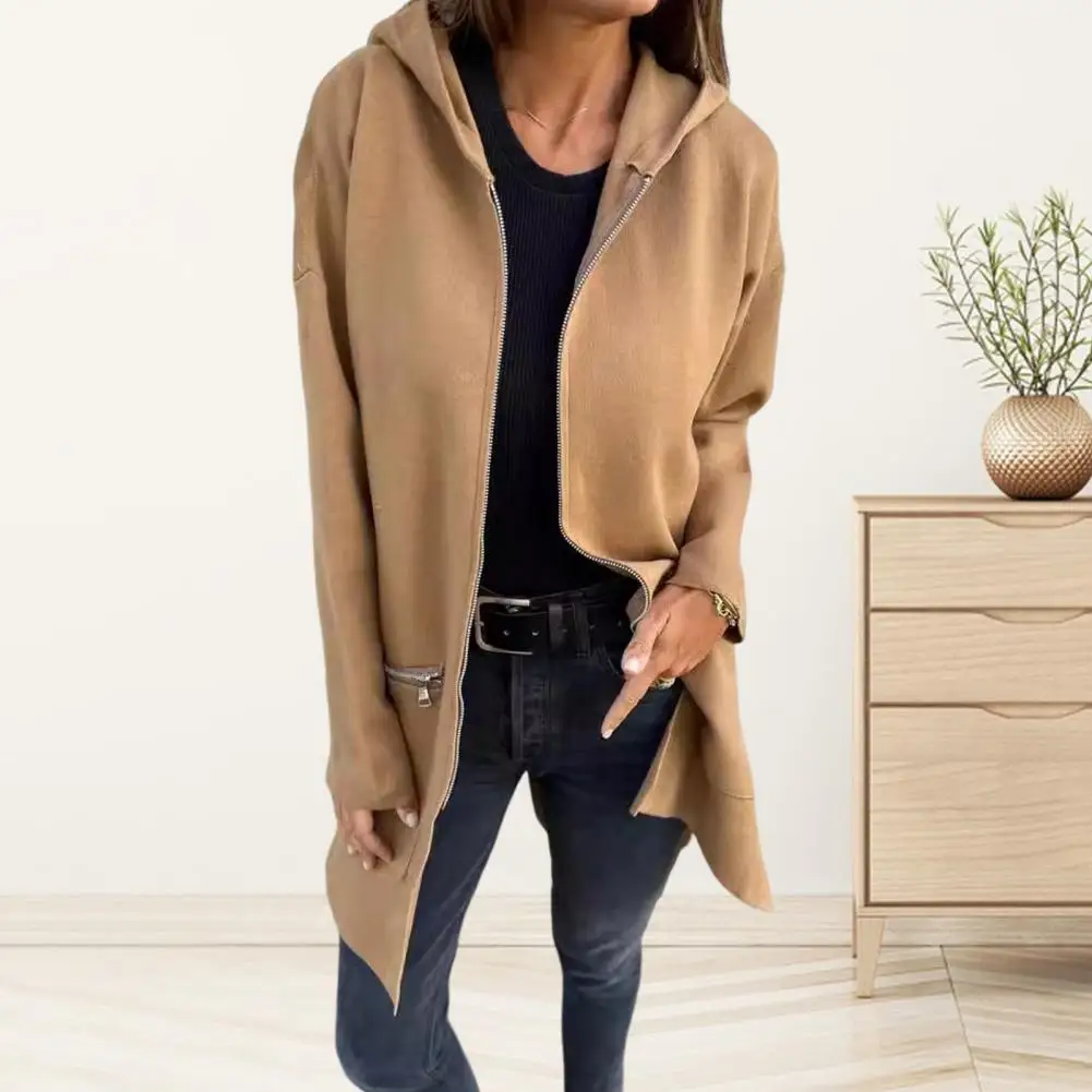 Women Cardigan Long Sleeve Cardigan Coat Stylish Women's Windbreaker Jacket with Hood Zippered Pockets Thermal Lining for Biking