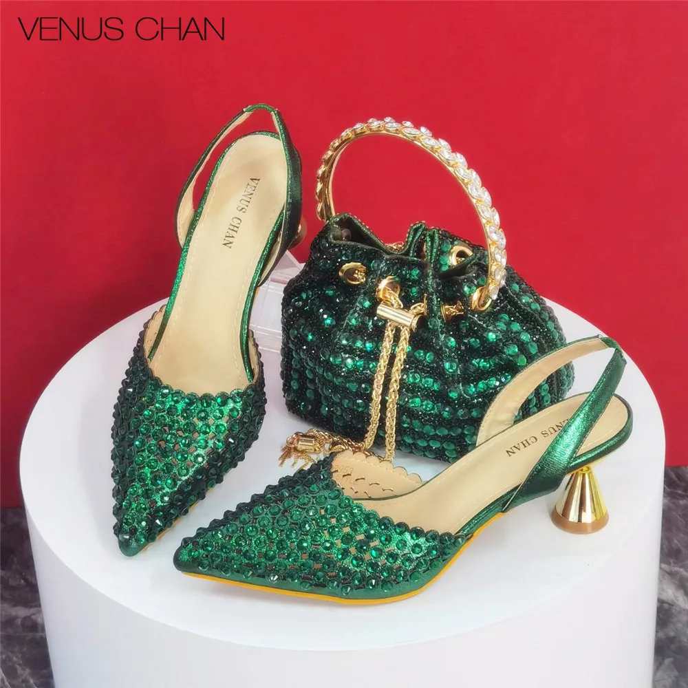 Sandals High Heels for Lady 2024 Luxury Designer Green Color Full Diamond Pointed Toe Wedding Shoe and Bag Set for Party