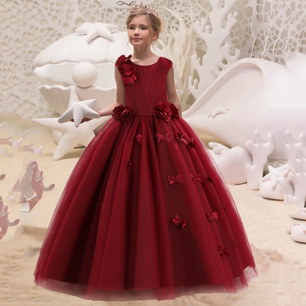 

Elegant Flower Girls Party Dress Children Christmas Costume Tulle Teens Girl Bridesmaid Dresses For Wedding Formal Evening Gown