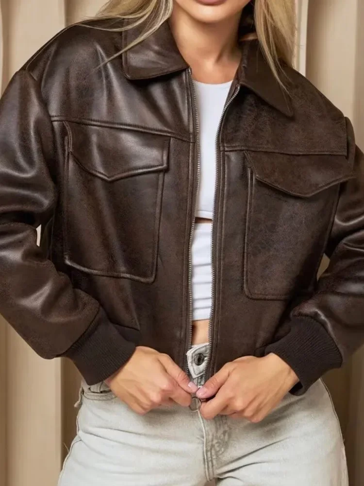 2025 Autumn and Winter New Lapel Pocket Decoration Loose Faux Leather Bomber Jacket Short Coat Women