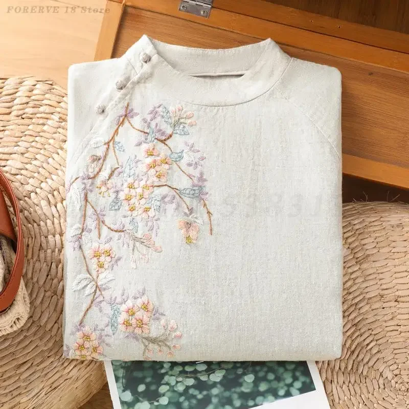 Spring Summer New Chinese Blouse Lady Elegant Artistic Style Shirt Embroidered Hanfu Top Retro Loose Casual Oriental Costumes