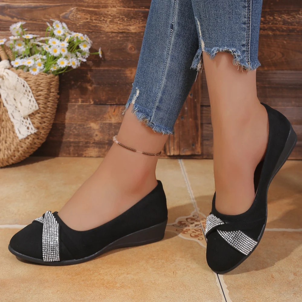 Damen-Keilabsatzpumps mit Strass-Schleife, geschlossener Zehenbereich, Slip-On-Plattform, dicker Absatz, lässige Damenschuhe, große Größen – Detail 28