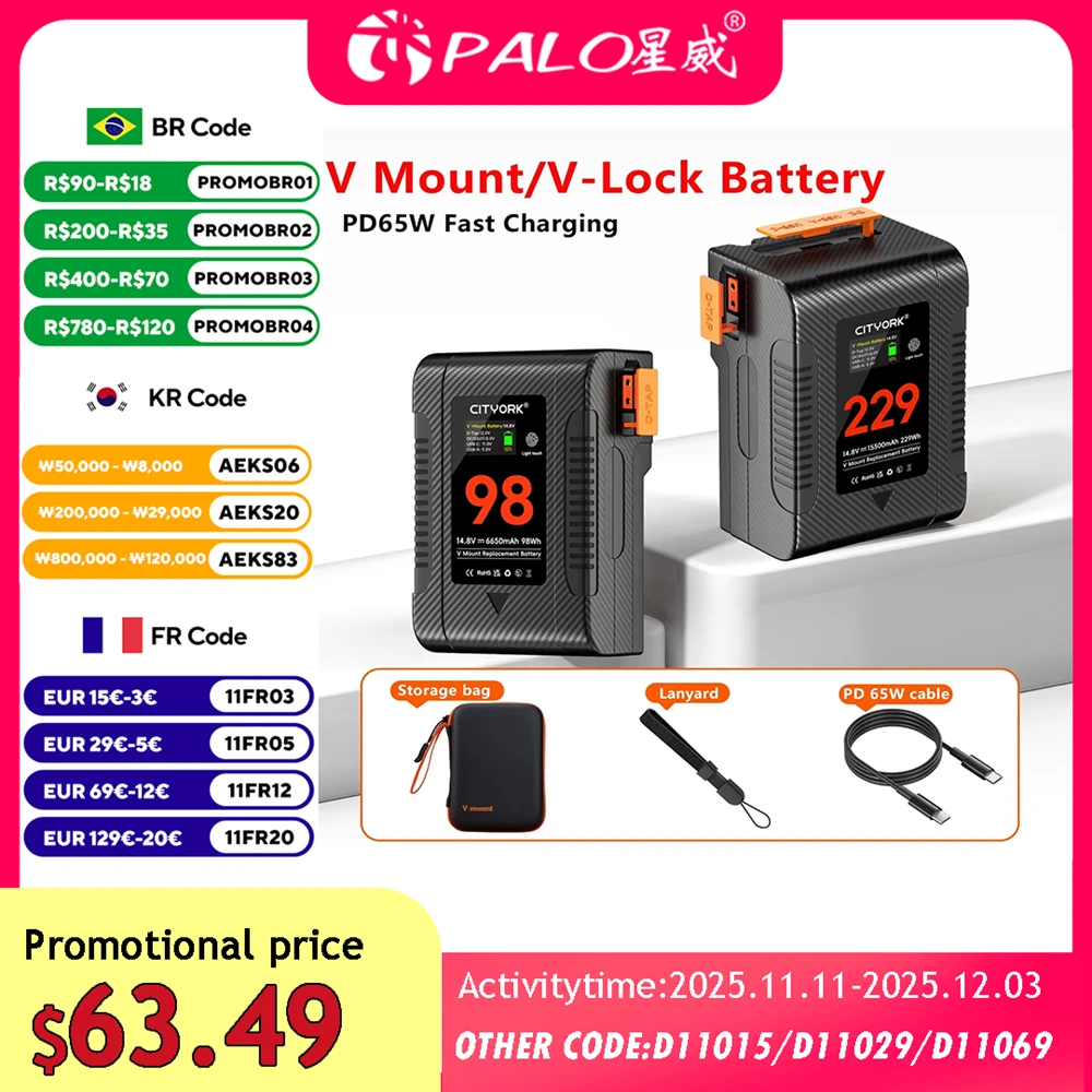 بطارية V-Lock V الجديدة ذات حامل V 98Wh 229Wh بطارية BP مع كابل PD 65W لكاميرا فيديو البث الإذاعي المصباح من سوني Blackmagic URSA