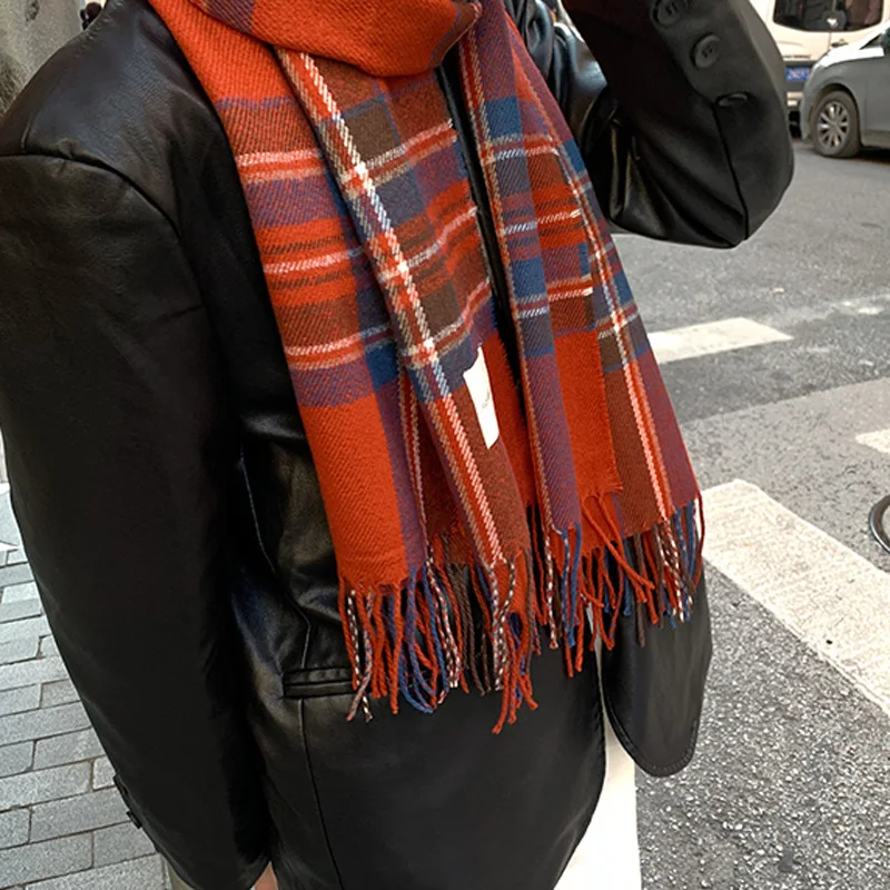 2023 scarf women luxury Autumn Winter Tassel Plaid Retro Korean Scarf