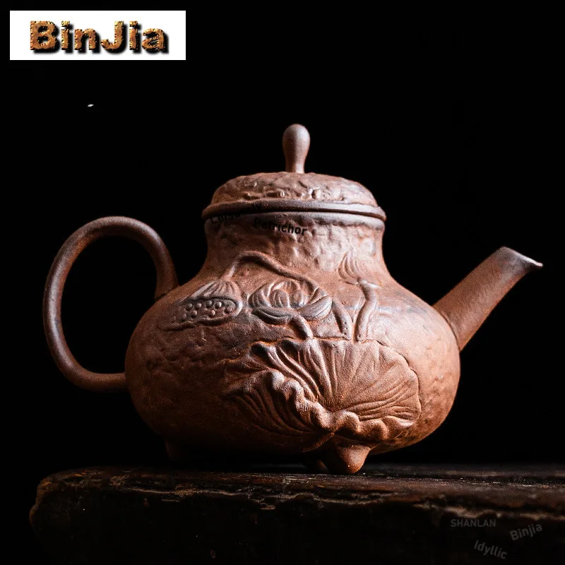 

180ml Hand-carved Lotus Coarse Pottery Tripodia Teapot Japanese Tea Infuser Pot Tea Brewing Kettle with Filter Cha Collection