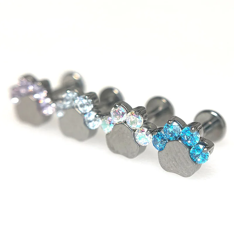F136 Titan legierung niedliche Katzen pfoten ohrringe, Bärentatzen-Zirkon-Ohr stecker, Labret-Stifte mit Innengewinde, g23-Piercing-Schmuck