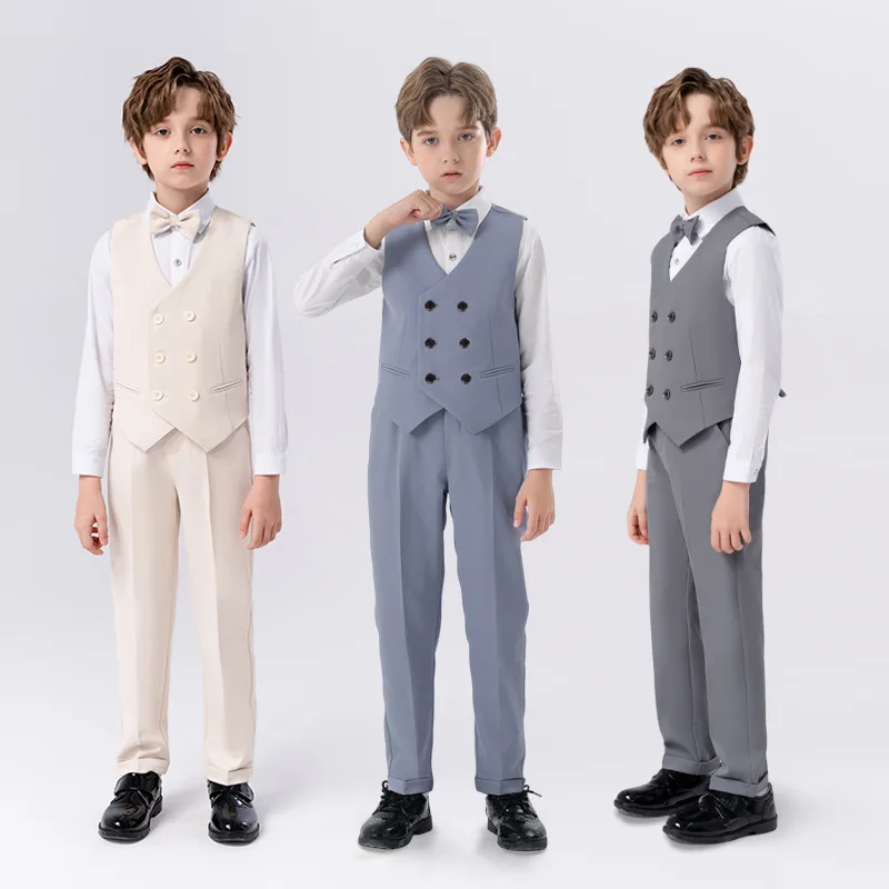 Boys Summer Vest Suit For Wedding Teenager Kids WaistCoat Shirt Pants Bowtie Tuxedo Dress Children Photograph Party Costume