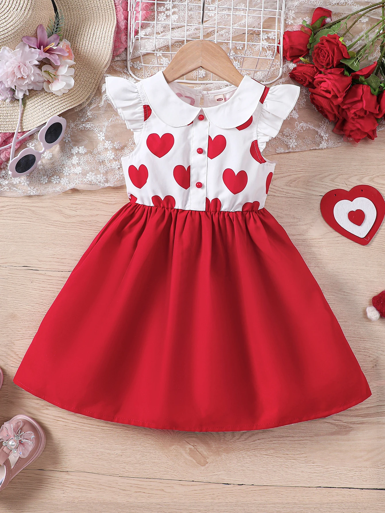 Girl's summer Valentine's Day heart patchwork cute little lapel dress