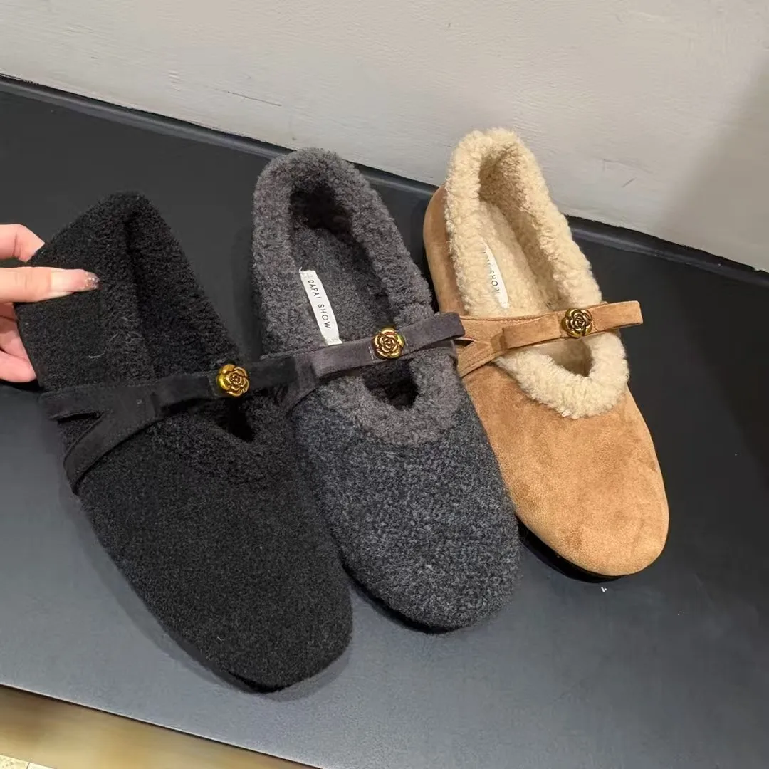 

Shoes Women Size 35-40 Natural Cow Suede Wool Mary Janes Flats Round Toe Buckle Strap Winter Designer Shoes Zapatillas De Mujer