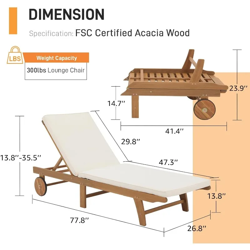 Acacia wood loungers (set of 2), outdoor folding loungers with adjustable backrest, wheels and cushions for decks, pools, etc.