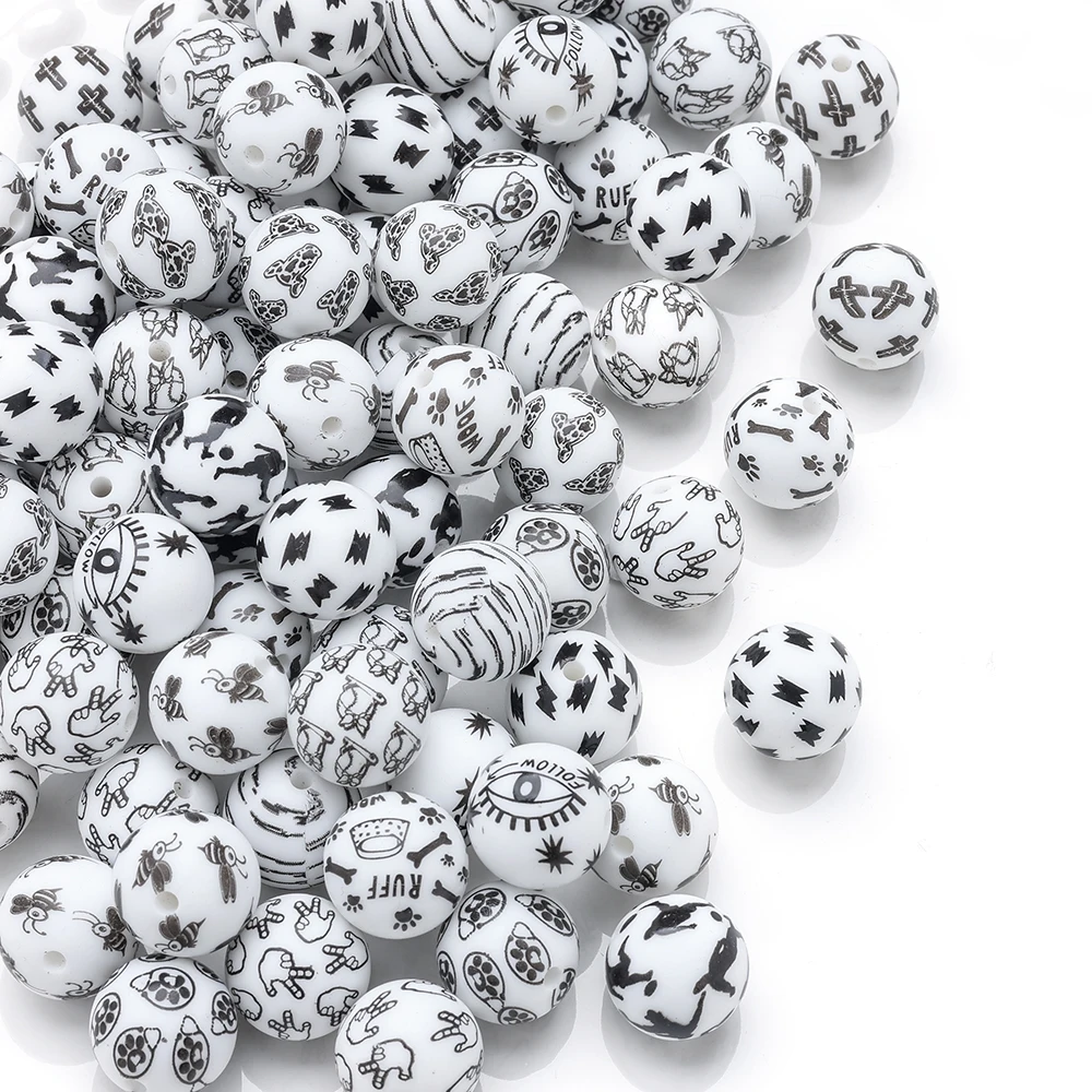 10Pcs Black&White Printed Silicone Beads Food Grade Teething Chew Beads DIY Baby Bracelet Pacifier Chain Making  Accessories