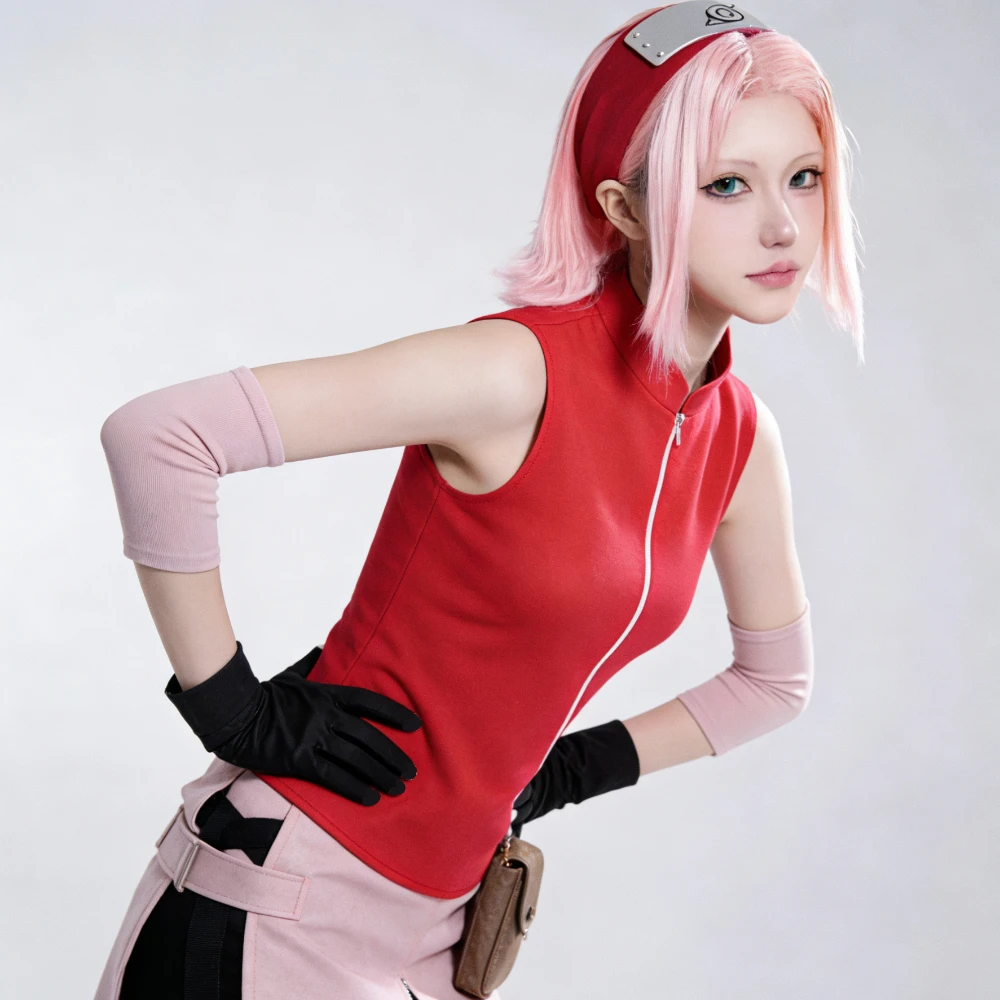 Anime Haruno Sakura Cosplay Costume Top Skirt Shorts Pouch Cos Convention Halloween  Christmas Party Women Girl Fullset
