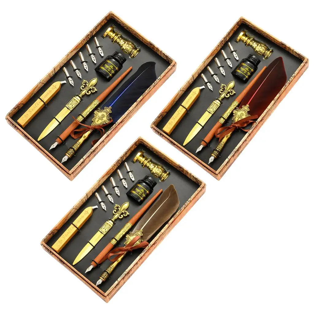 Retro Style Calligraphy Quill Pen and Ink Set, Feather Dip W/ 17 Replacement Nibs Letter Opener Metal Stamp for Students