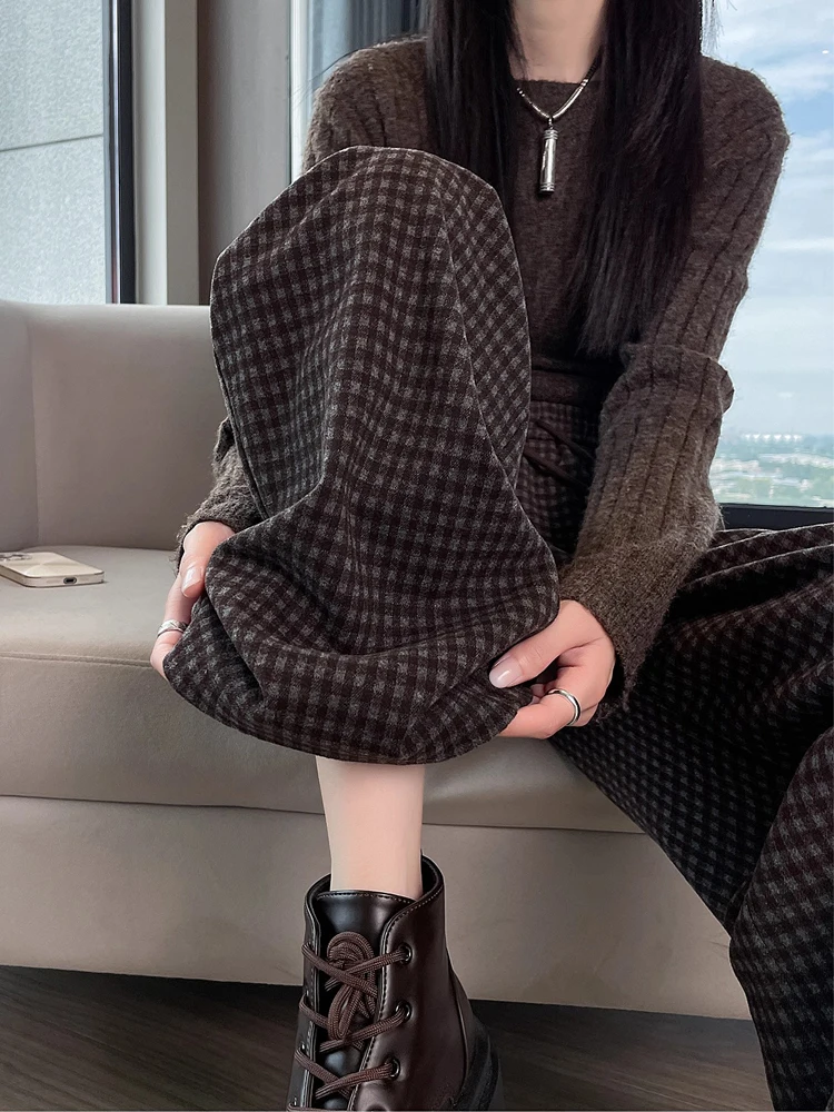 

Thickened Fleece High Waist Plaid Woolen Work Pants Women Autumn Winter New Style Sporty Wide Leg Trousers Casual Pants