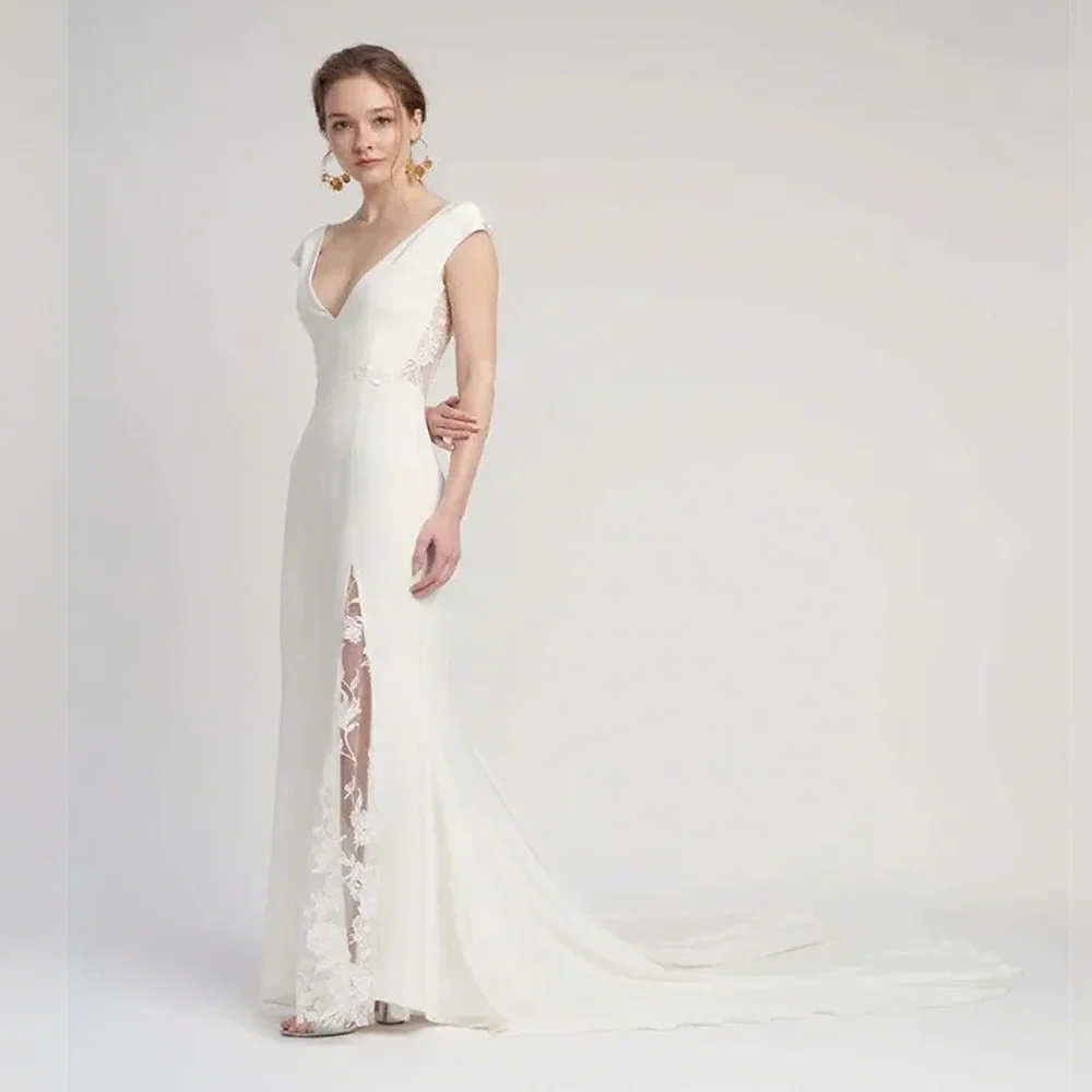 

Customized Sleeveless Satin Sheath Wedding Dress with V Neckline Button Back Side Slit Lace Detail Sweep Train Gown for Bride