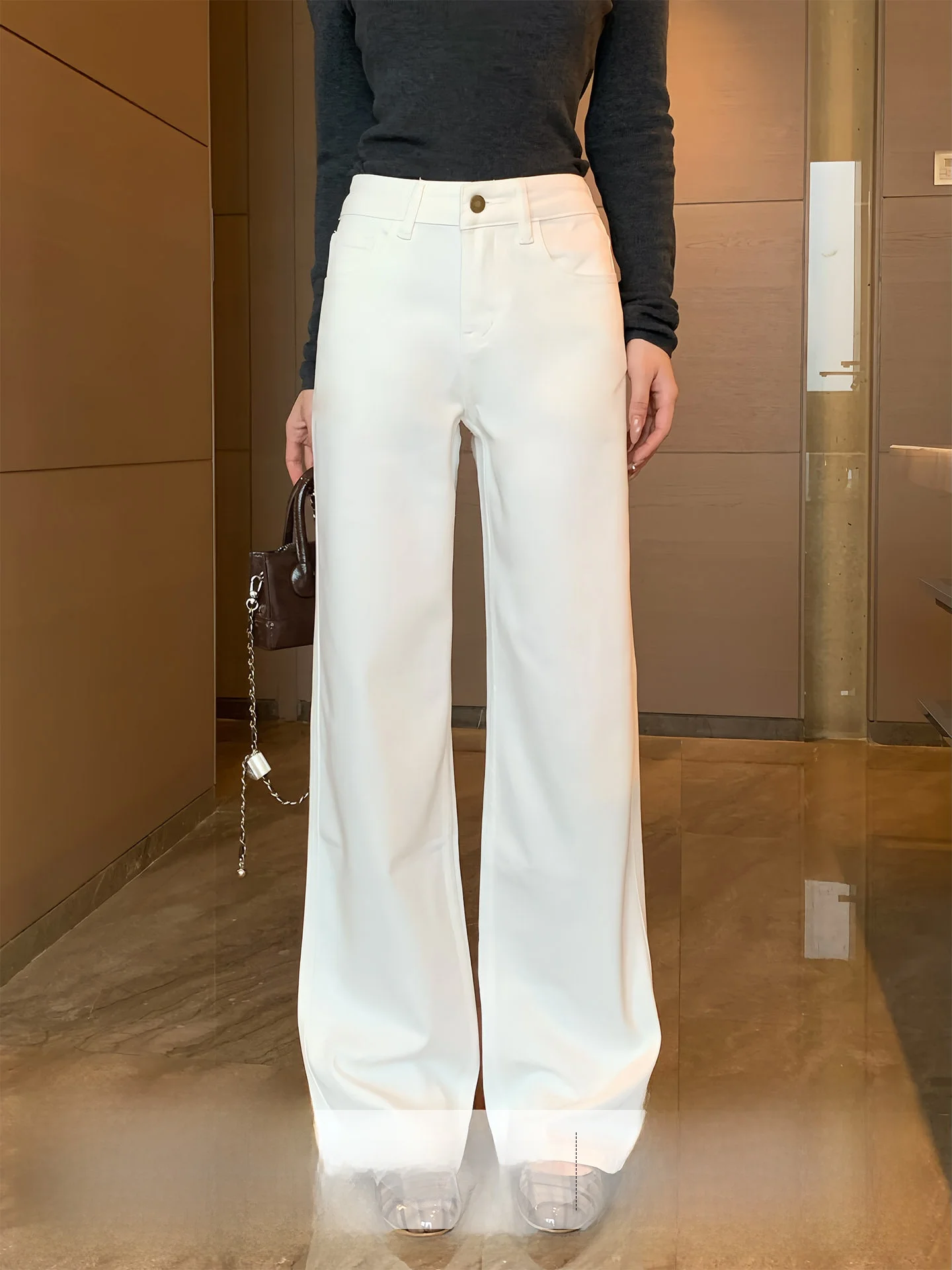 

Retro White Straight Leg Jeans Women's Elastic Slimming Pants Casual Cotton l Waist Button Pure Color Four Seasons