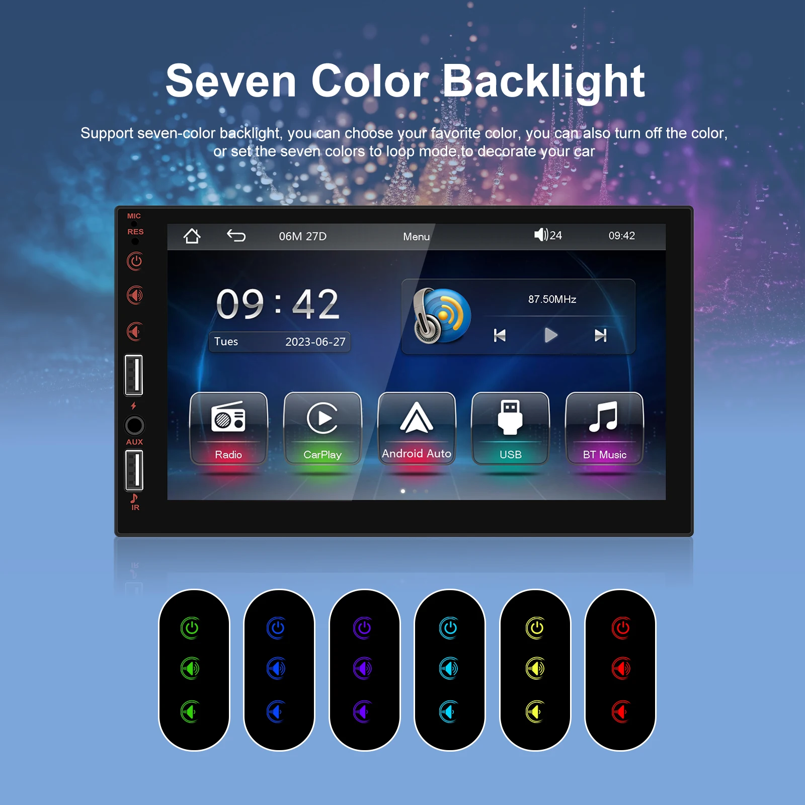 Podofo 1Din 7'' Auto-Multimediaplayer Kabelloses Carplay Android Auto Mirror Link Universeller Auto-MP5-Player Bluetooth FM DVR AUX-IN – Detail 13