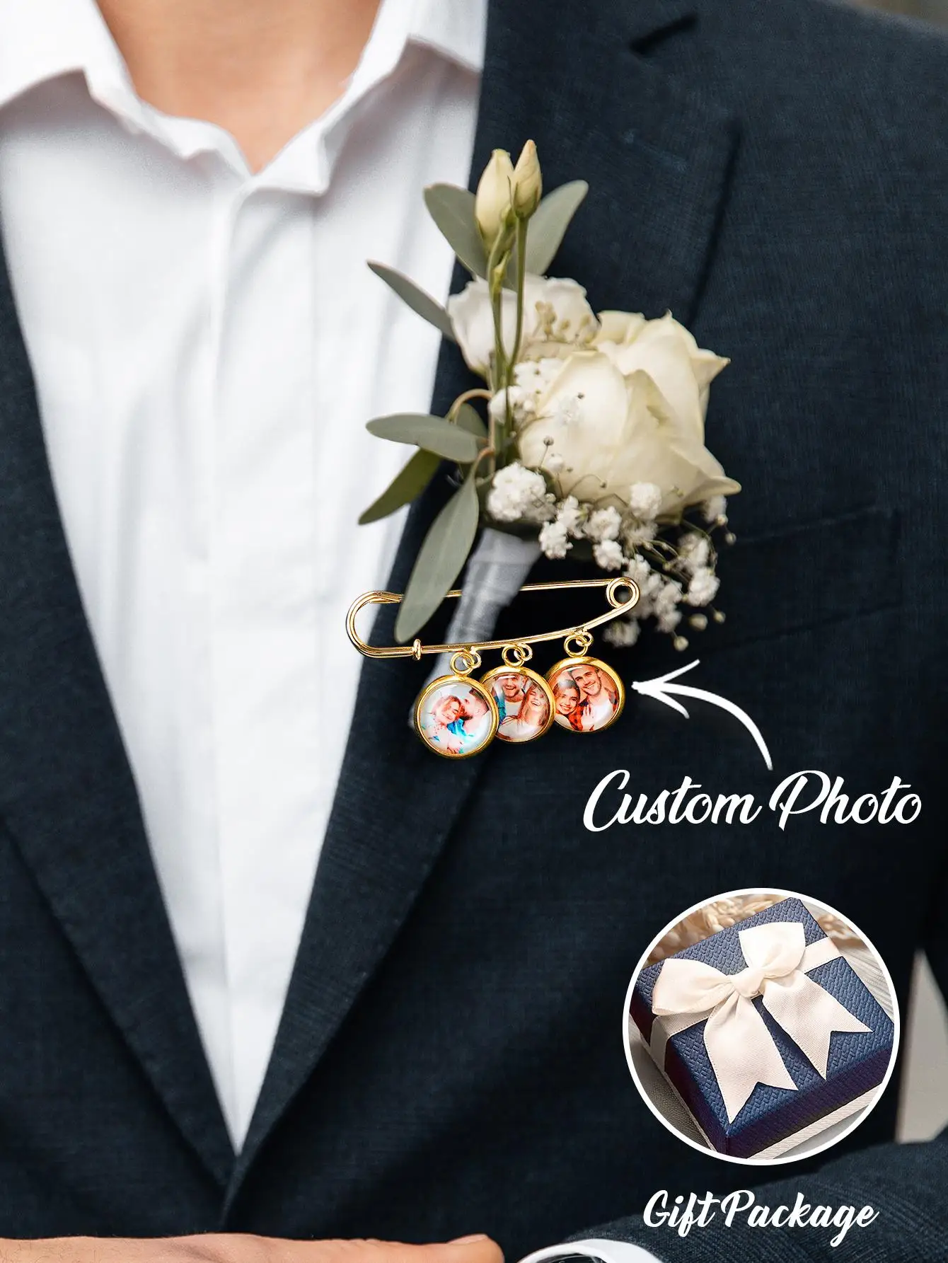 Custom Photo Boutonniere Pin 1-4 Pictures Lapel Badge Wedding Memorial Graduation Gift For Bride Groom Couple Family Valentine