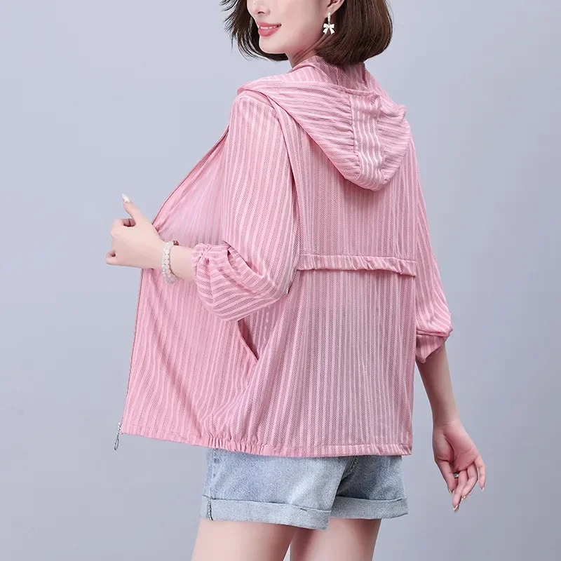 Plus Size Sunscreen Clothing Summer Loose Fashion Casual Joker Breathable Stretch Striped Mother Hooded Coat Woman