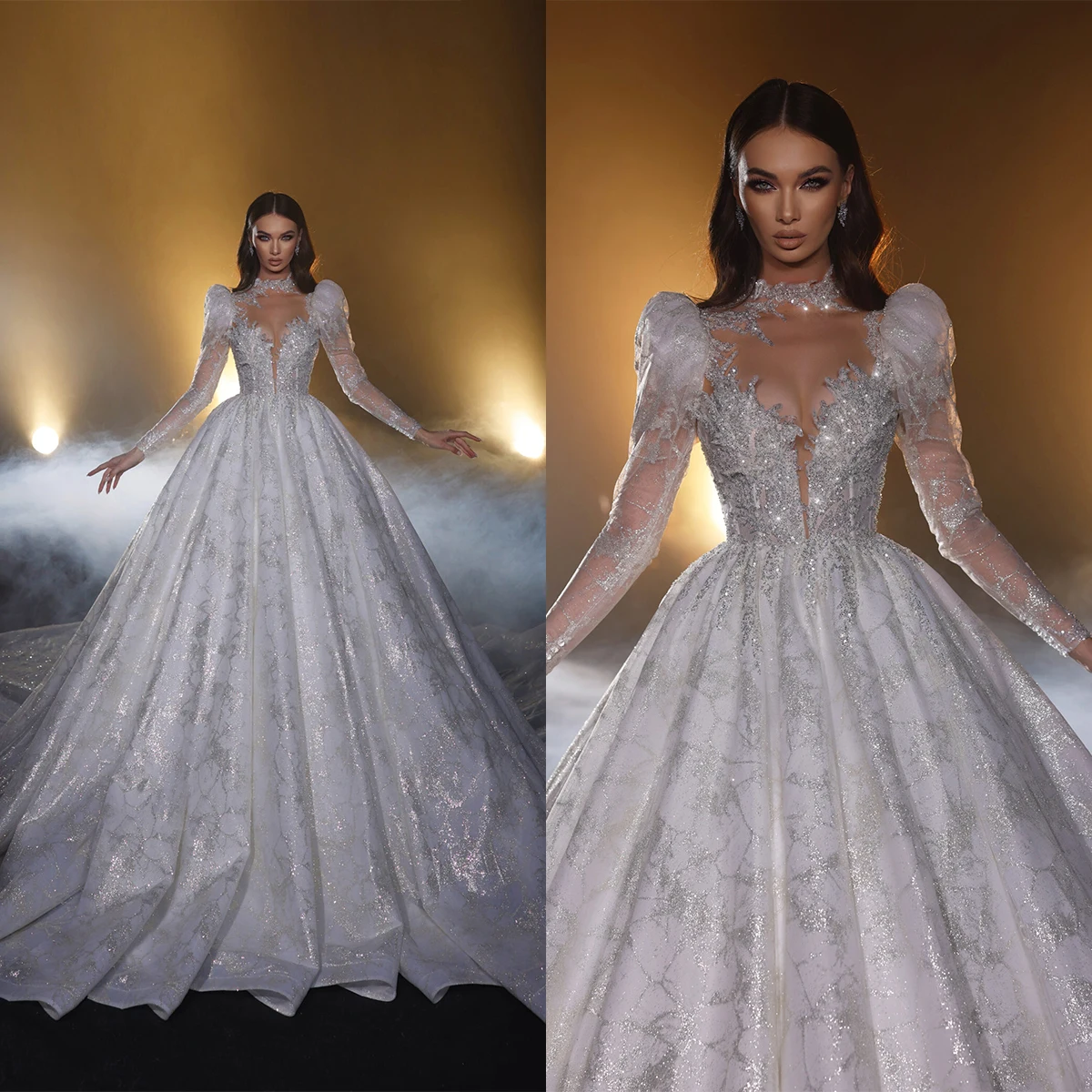 

Exquisite Illusion Ball Gown Wedding Dresses V Neck Sequins Applique Pearl Bridal Gown Chapel Sweep Train Robe De Mariee