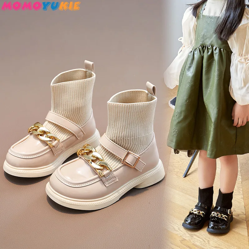 Children Girl Leather Boots 2023 Autumn Winter Fashion Metal Chains Stitching Princess Boots Leather Soft Sole Boots Socks Boots