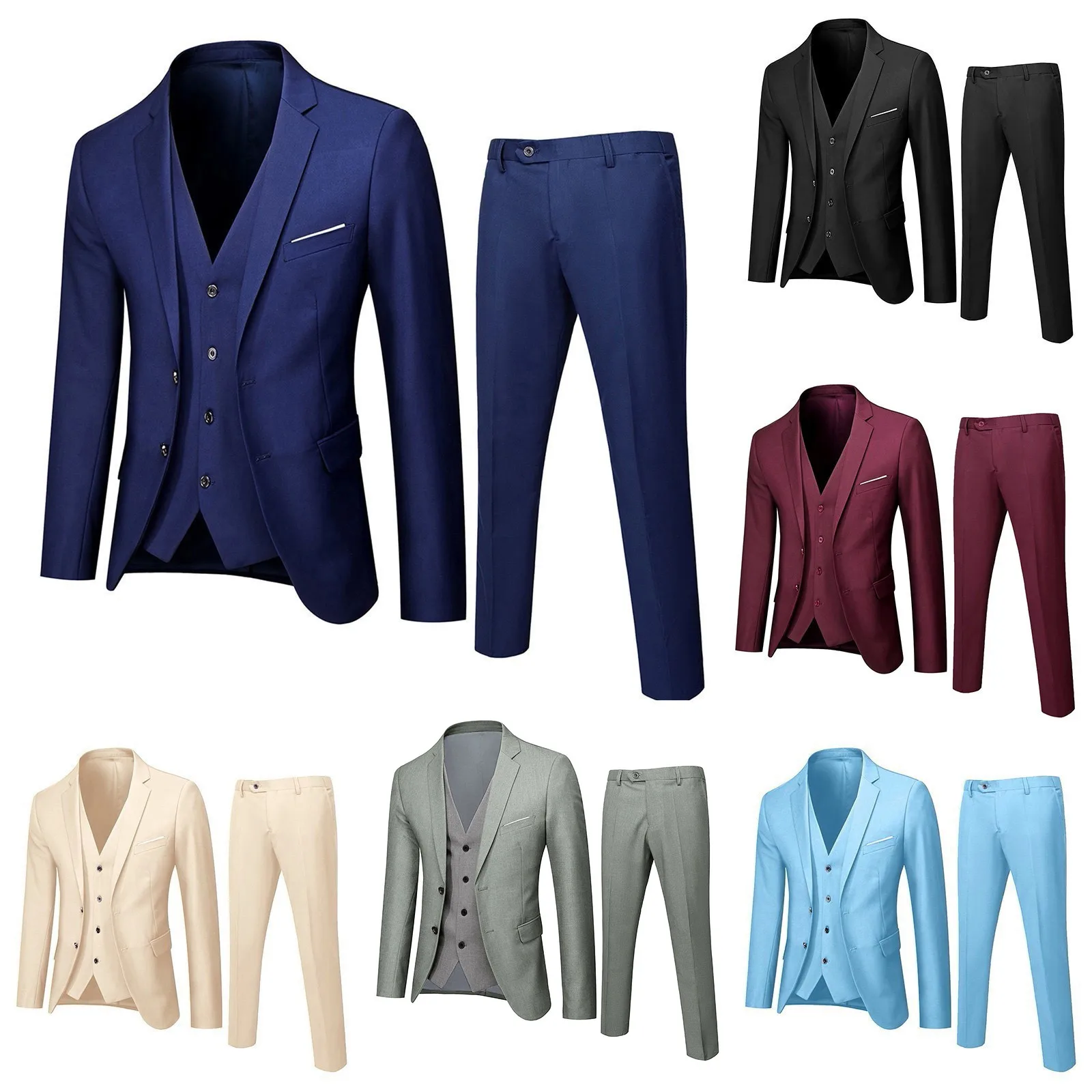 Men’s Suit Solid Color Slim 3 Piece Suit Business Wedding Party Jacket Vest Pants