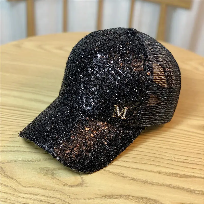 New Summer Hollow Breathable Mesh Sequin Baseball Cap Women\'s Fashion Rhinestone Letters Solid Color Sun Hat Hip Hop Chapeau