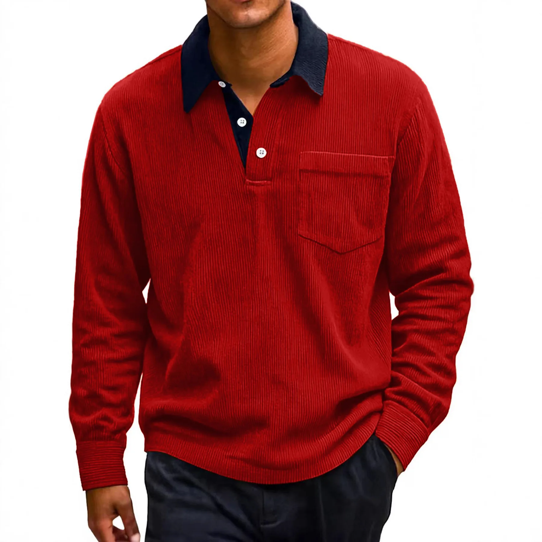 2026 Mens Corduroy Polo Shirt Long Sleeve Button Pocket Color Block Retro Casual Autumn Winter New revers men's polo shirts