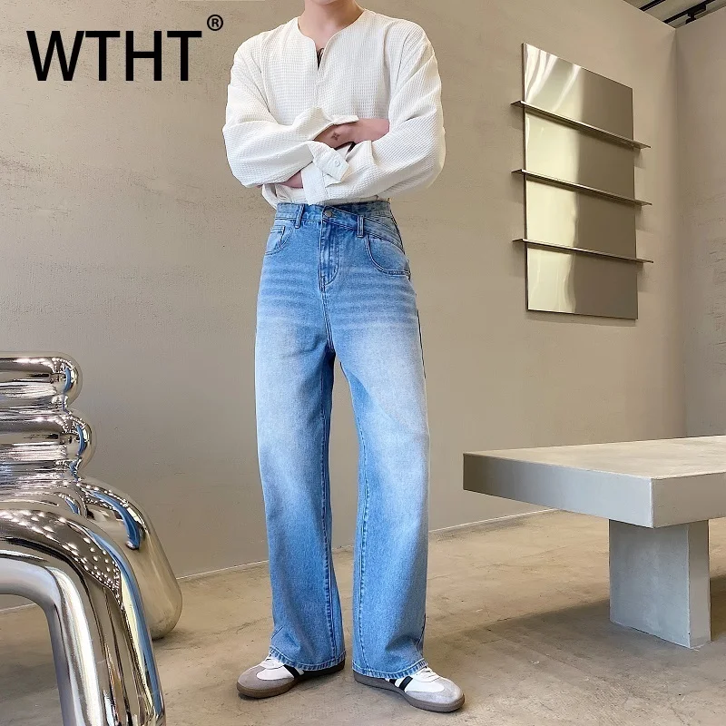 WTHT موضة الرجال التدرج فضفاض النمط الأمريكي الدنيم السراويل خمر عالية الخصر مستقيم جينز غير رسمي الذكور 2025 الخريف 2A1923