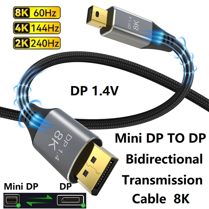 

8K Mini DP to DisplayPort Cable 8K@60Hz 4K@144Hz 2K@240Hz HDR DSC1.2 G-Sync 1.4 Bidirectional Transmission DP to Mini DP 8K Wire