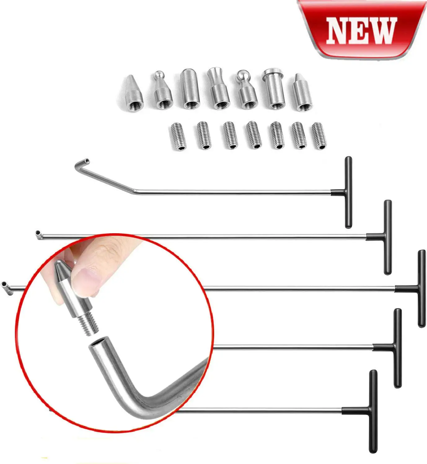 Stainless Steel Dent Removal Rods Set Paintless Dent Repair Tools Hook for Car Hail Damage Repair Kit with Replaceable Heads