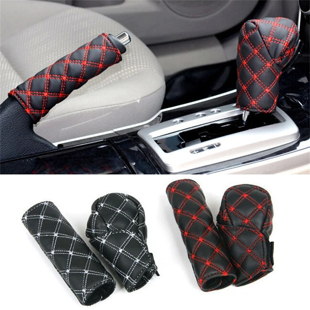 Car Red Wine Series Car Handbrake Cover Gear Shift Knob Cover Manual Automatic Cover Leather Embroidery Handle Knob Covers