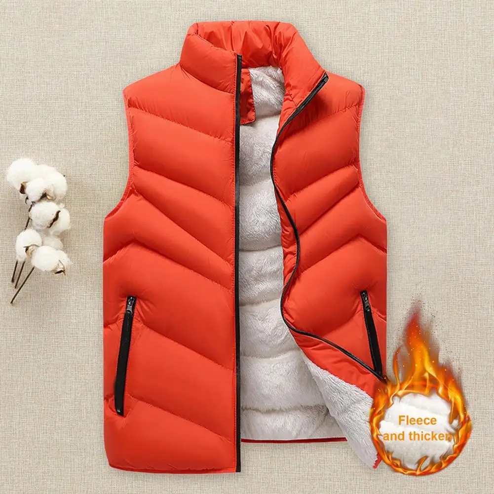 Men Cotton Waistcoat Stand Collar Sleeveless Solid Color Cotton Vest Coat with Pockets Elastic Drawstring Hem Zipper Placket Plu