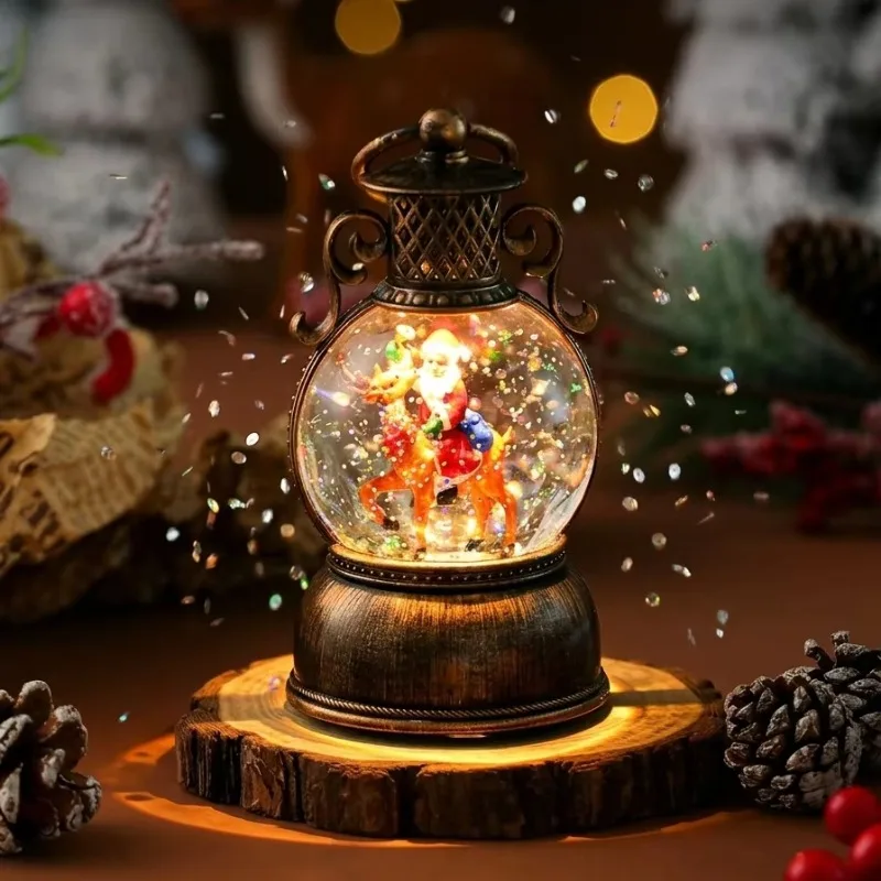 USB Christmas Snow Globe Lantern with Music Light Handheld Water Filled Xmas Table Ornament Holiday Home Decoration