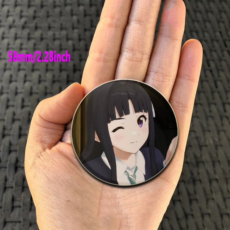 Bros kancing lembut anak perempuan Anime, bros pin kancing jepret, seri Tinplate, Bros Anime, 58/44/32MM, untuk tas pakaian