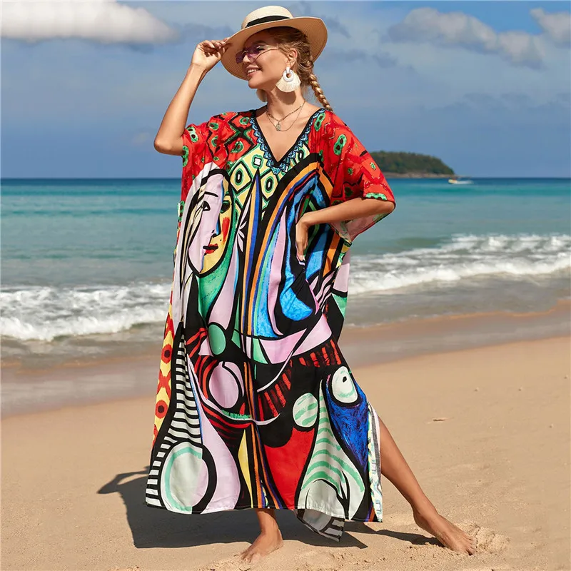 39 Colors Boho Print Maxi Dress Batwing Sleeve Loose Tunic Beach Dress Casual Women Beachwear Kaftan Bikini Cover-ups Robe