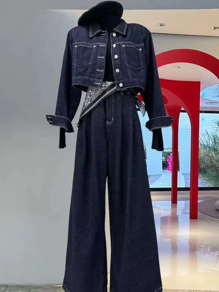 

Deep Blue Cool Workwear Jacket Wide Leg Pants Set Trendy Pant Sets Women's Two Pieces Set Two Piece Set For Women