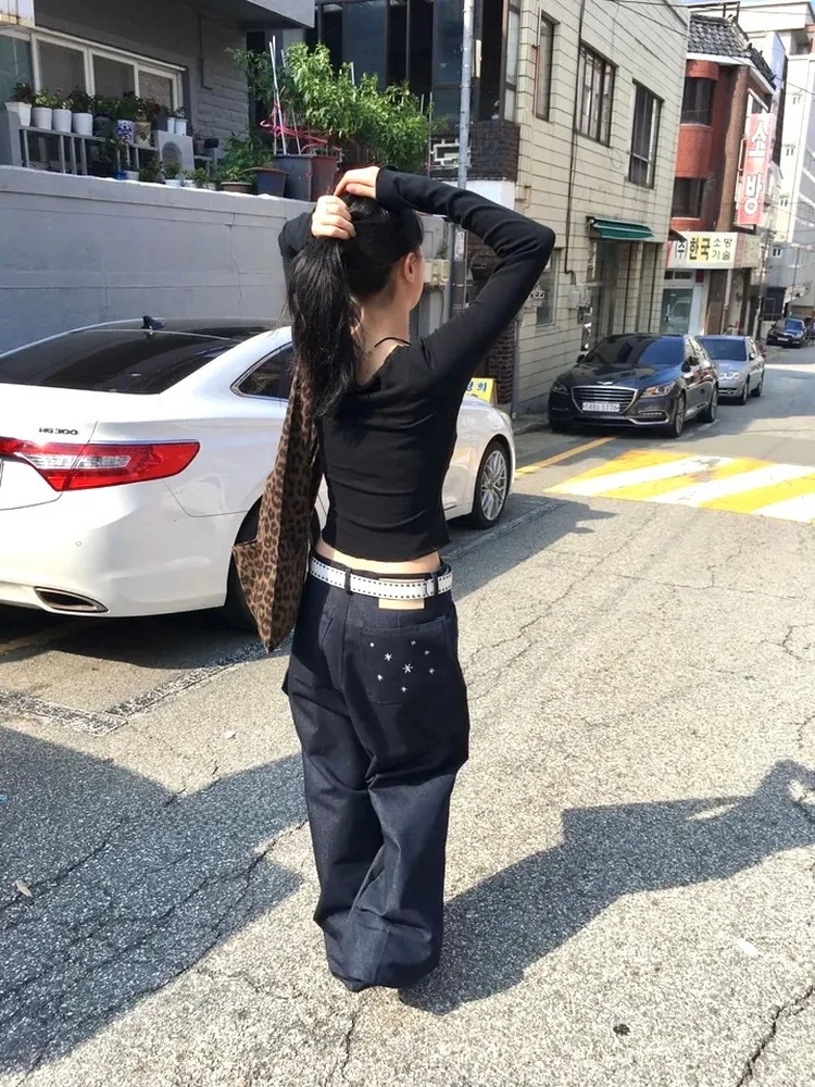 Damskie jeansy Street Sle Casual o luźnym kroju z szerokimi nogawkami, haftowanym wzorem gwiazd, efektem wyszczuplającym, uniwersalne, wygodne...