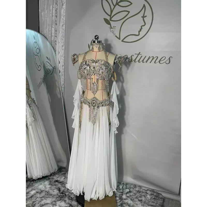 Customized Belly Dance Costumes Oriental Dance Dress Performance Costume White bra+belt+skirt+sleeves+bracelet+thigh chain